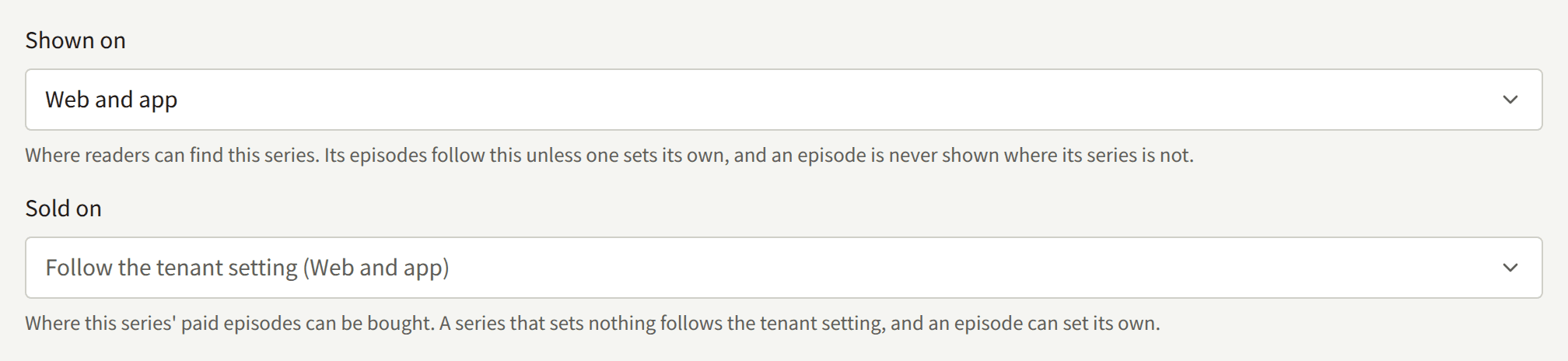 The Shown on field set to Web and app, and the Sold on field set to Follow the tenant setting.