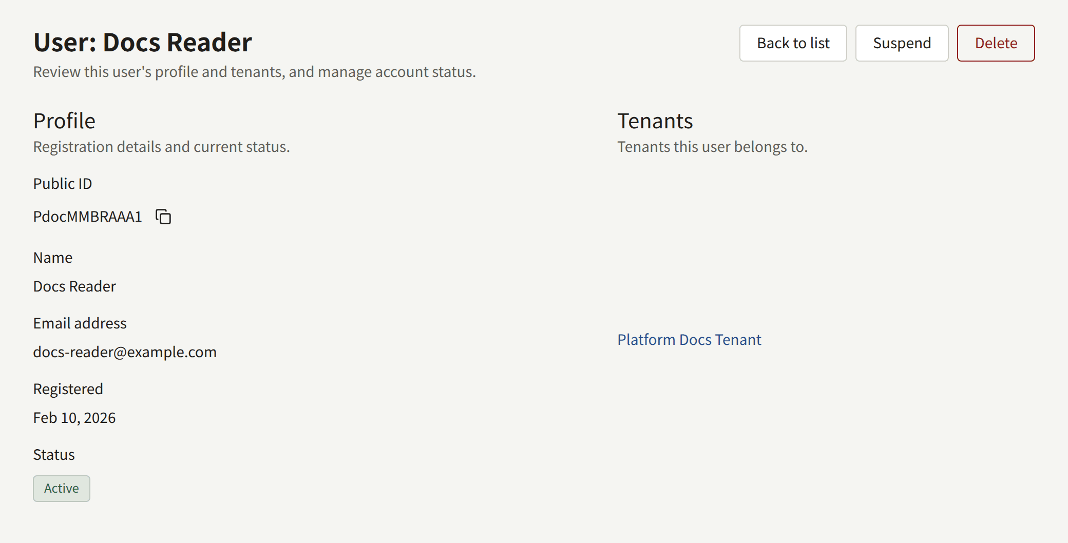 A reader's page: Suspend and Delete at the top, Profile with the Public ID and a copy button, name, email address, registration date, and status, and the tenant the account belongs to.