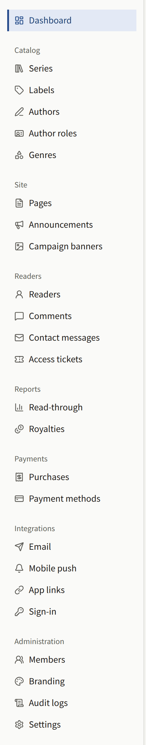 A Tenant admin's sidebar: Dashboard, then the Catalog, Site, Readers, Reports, Payments, Integrations, and Administration groups with every screen in each.