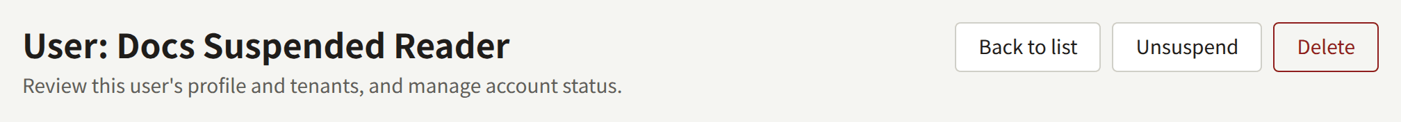 The top of a suspended reader's page: Back to list, Unsuspend, and Delete.