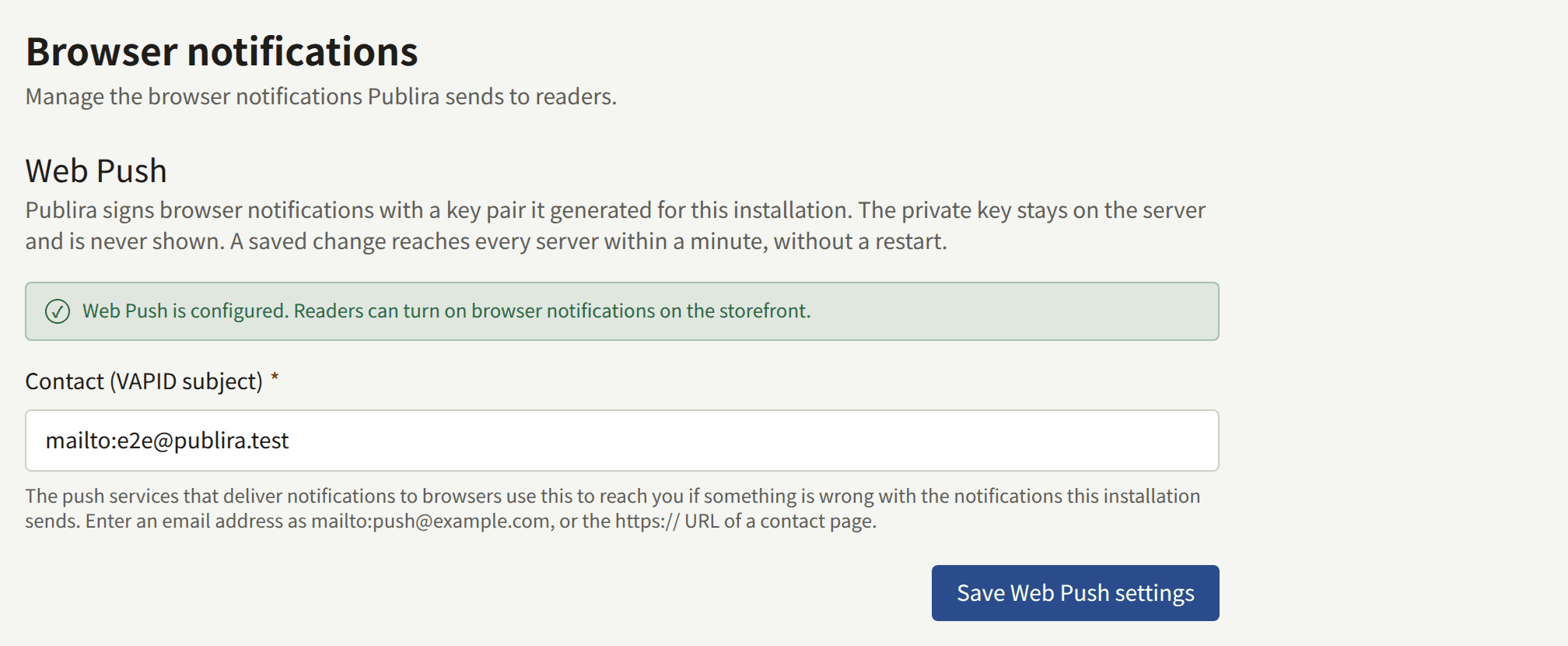 The Browser notifications screen with Web Push configured: Contact (VAPID subject) and Save Web Push settings.