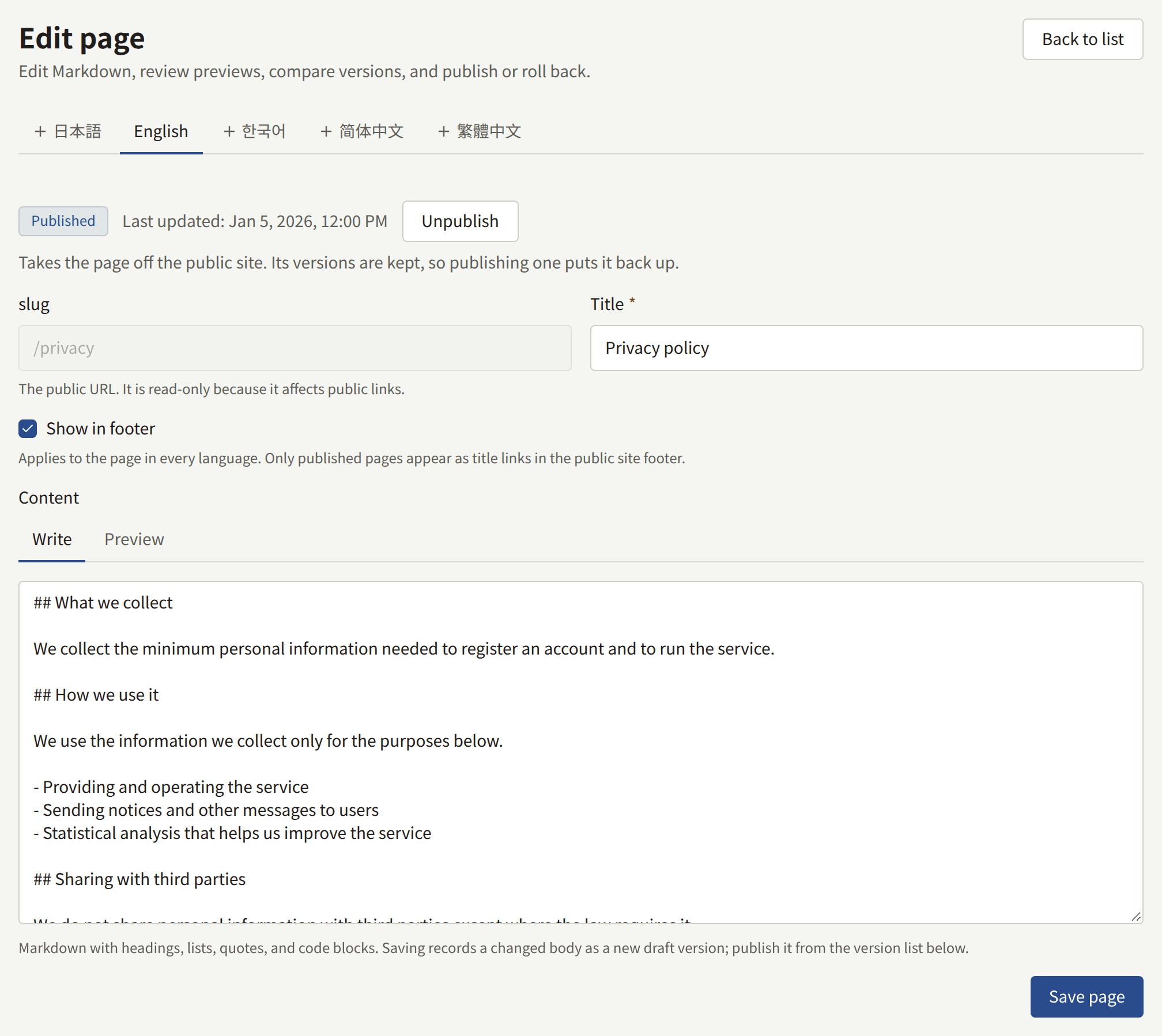 A page's edit screen: a tab for each of the site's languages, the page's status with Unpublish, its slug, Title, Show in footer, the Write and Preview tabs over its Markdown, and Save page.