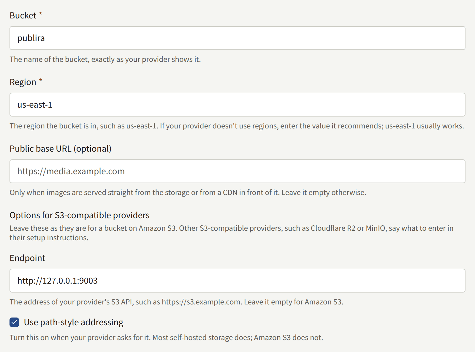 The Object storage form from Bucket to Use path-style addressing: Bucket, Region, Public base URL (optional), and, under Options for S3-compatible providers, Endpoint and Use path-style addressing.