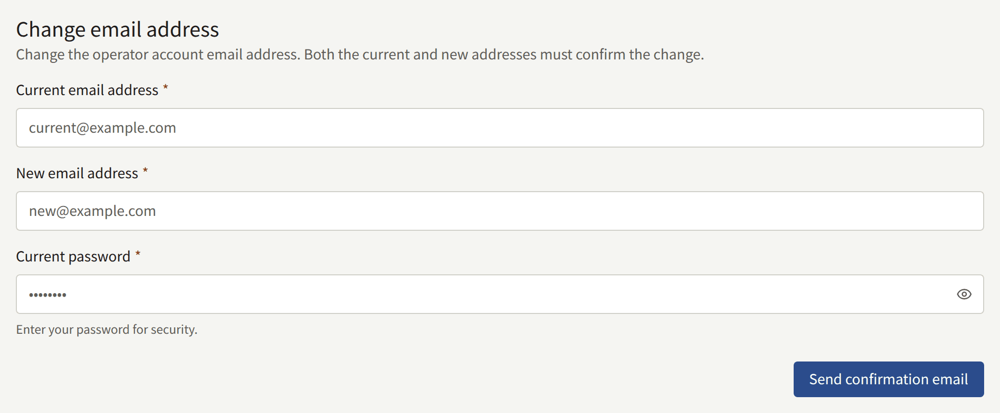 Change email address on Account settings: Current email address, New email address, Current password, and Send confirmation email.