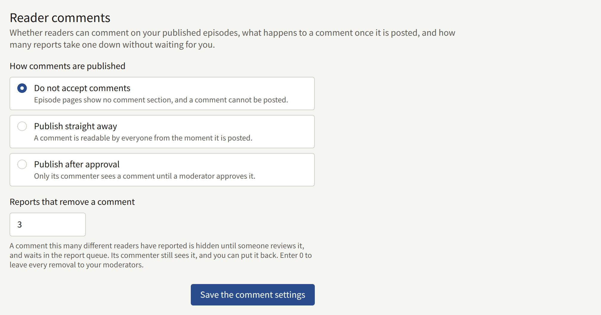 The Reader comments card: How comments are published, Reports that remove a comment set to 3, and Save the comment settings.