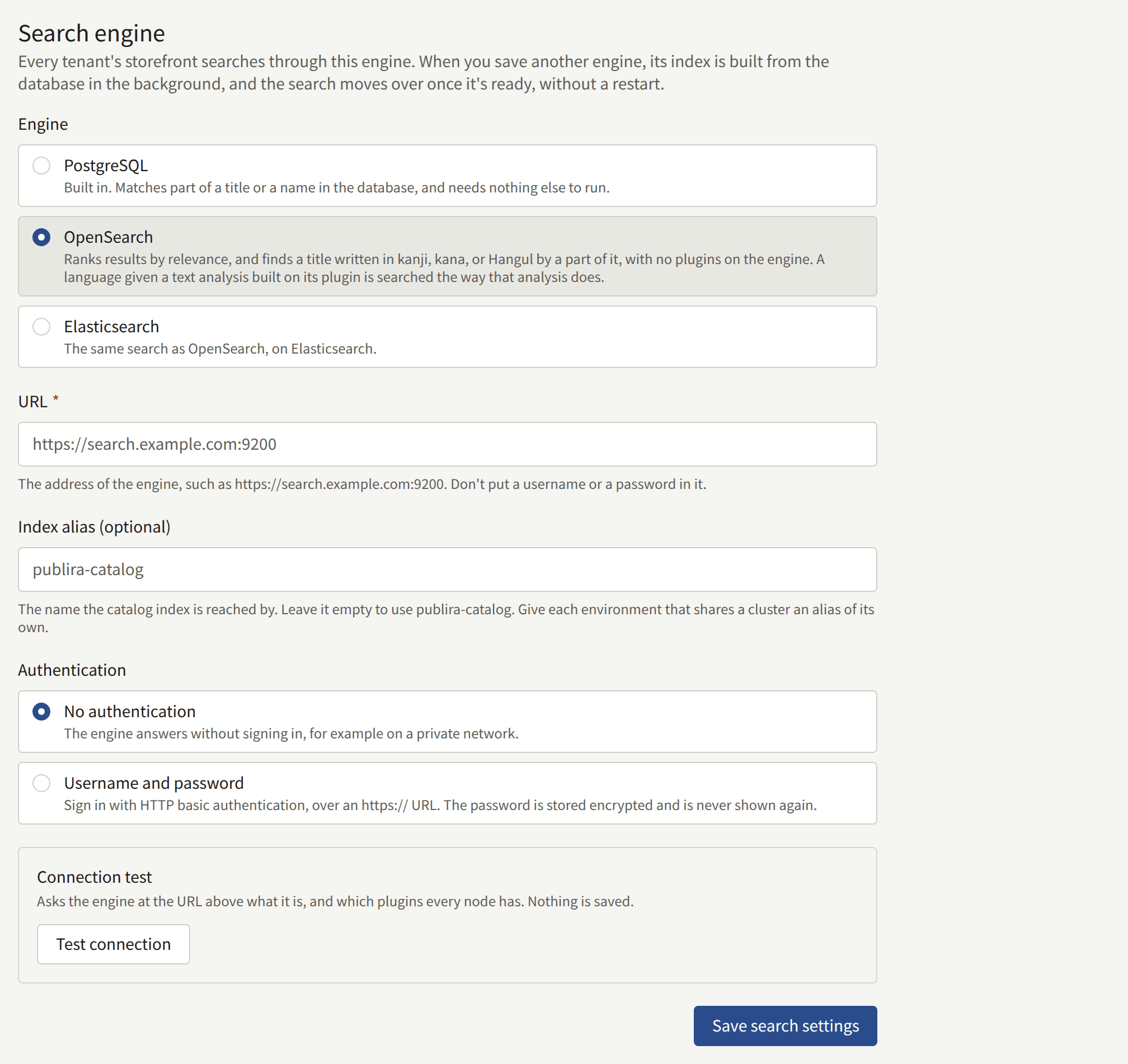 Search engine with OpenSearch chosen: Engine, URL, Index alias (optional), Authentication, the connection test, and Save search settings.