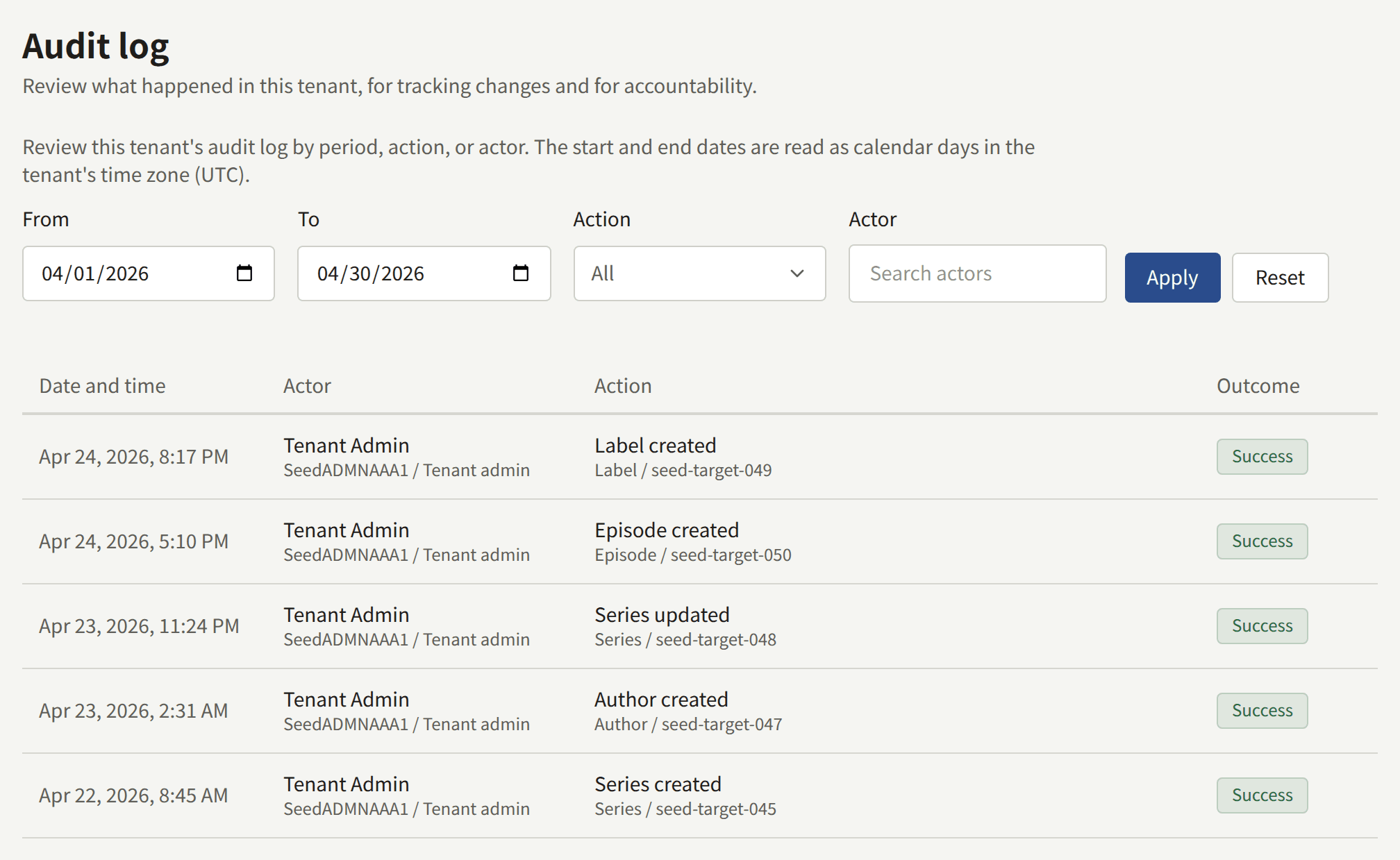 The Audit log narrowed to April 2026: the From, To, Action, and Actor filters with Apply and Reset, and entries giving the date and time, the actor with their public ID and role, the action with what it acted on, and the outcome.