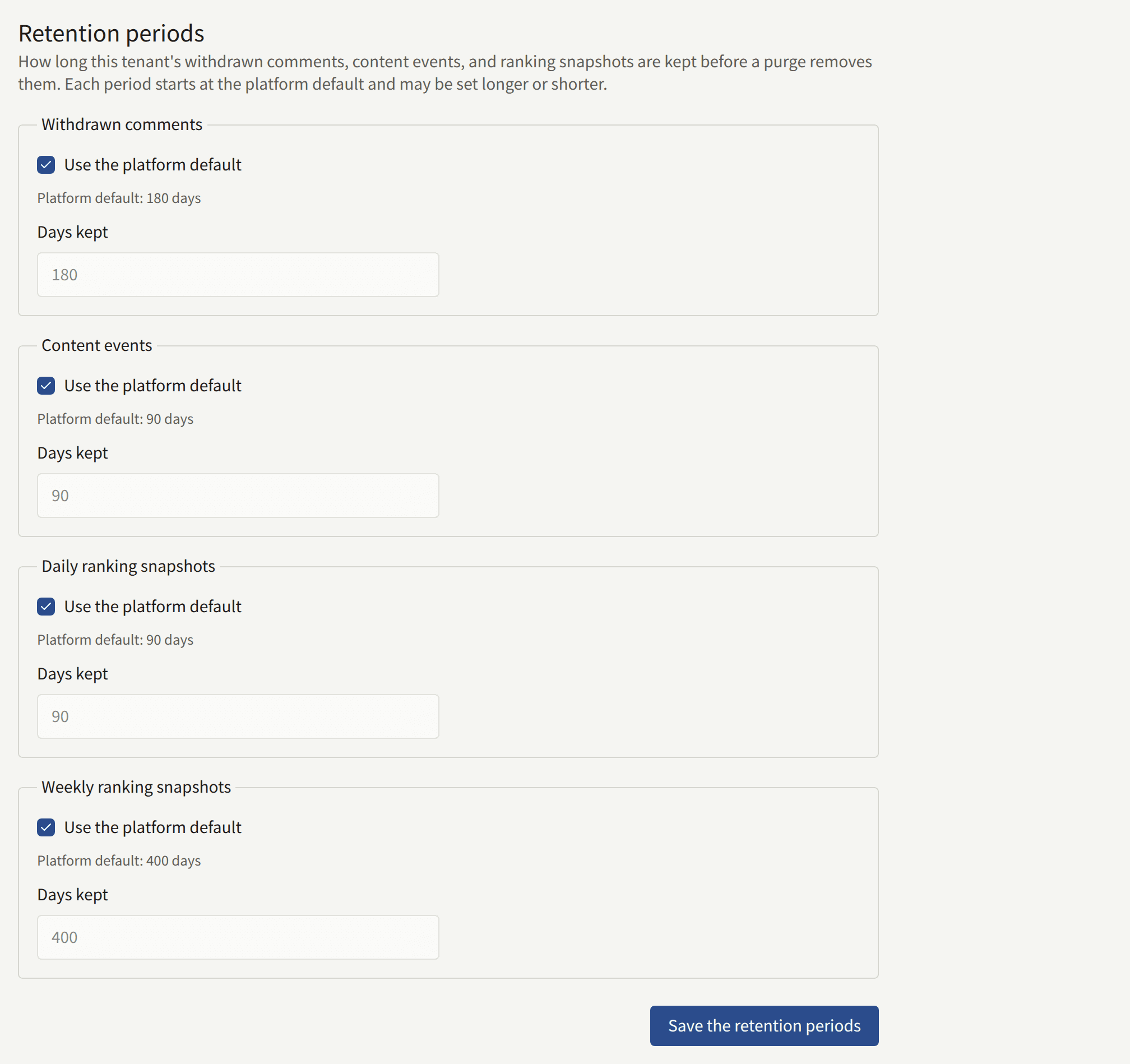 The Retention periods form: each period with Use the platform default ticked and the days kept, and Save the retention periods.