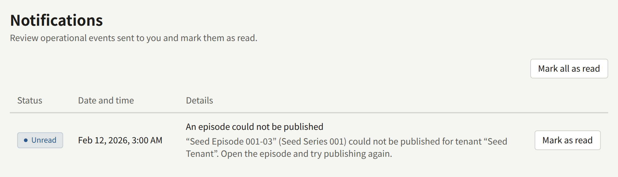 Notifications in the Platform Console: an unread notification titled An episode could not be published, naming the episode, its series, and its tenant, with Mark as read and Mark all as read.