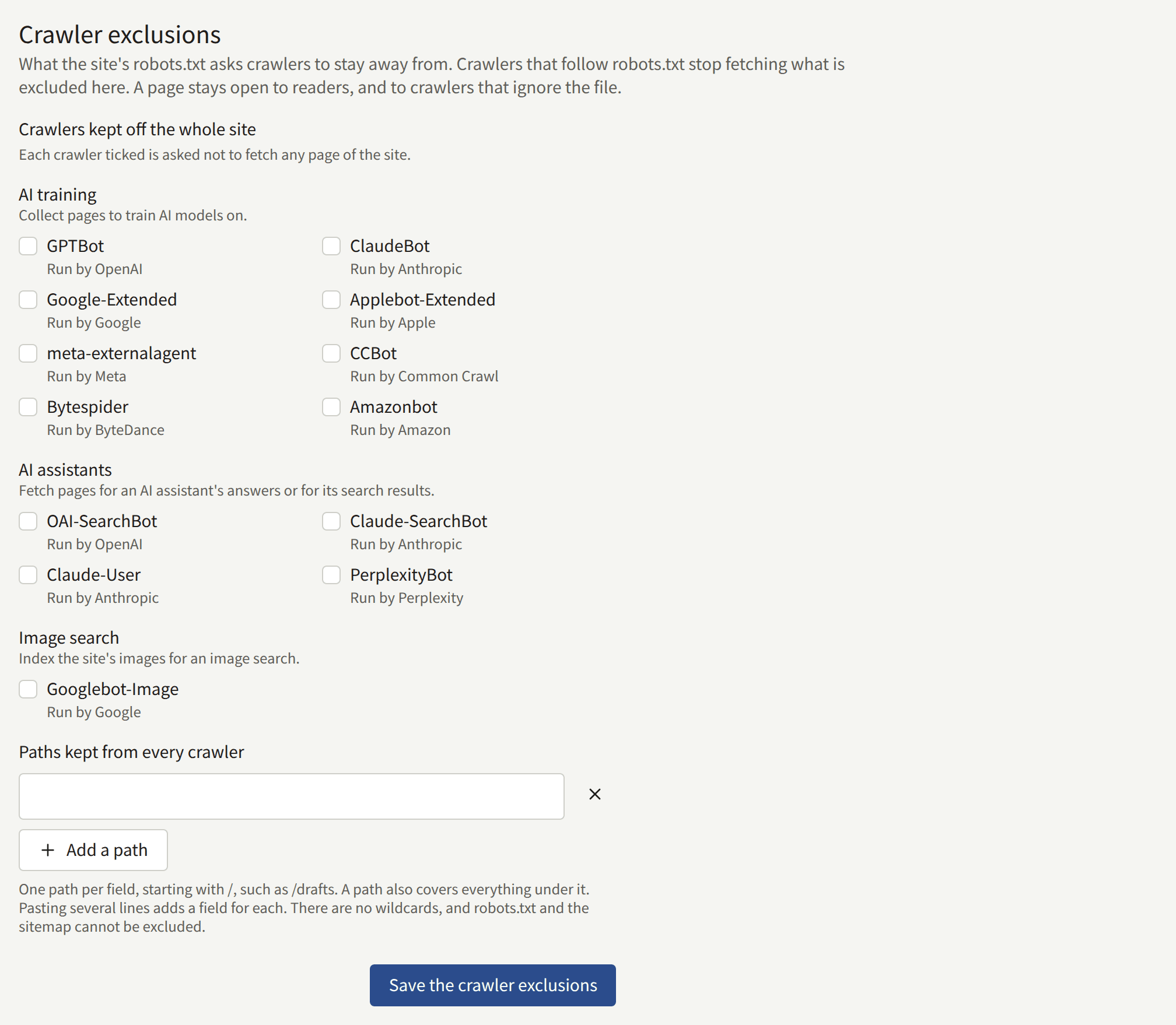 The Crawler exclusions card: Crawlers kept off the whole site with a box for each crawler under AI training, AI assistants, and Image search, a field for a path with Add a path, and Save the crawler exclusions.