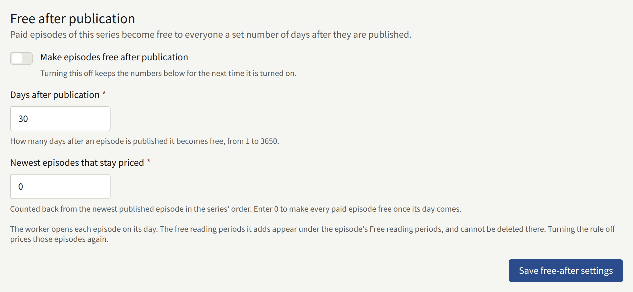 The Free after publication section below Free if you wait, with the switch that turns the rule on, the days after publication, the newest episodes that stay priced, and Save free-after settings.