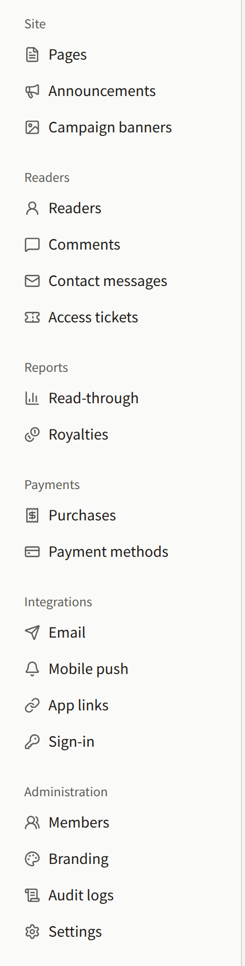 The sidebar from the Site group down: Pages, Announcements, and Campaign banners, the Readers, Reports, Payments, and Integrations groups, and the Administration group with Members, Branding, Audit logs, and Settings.