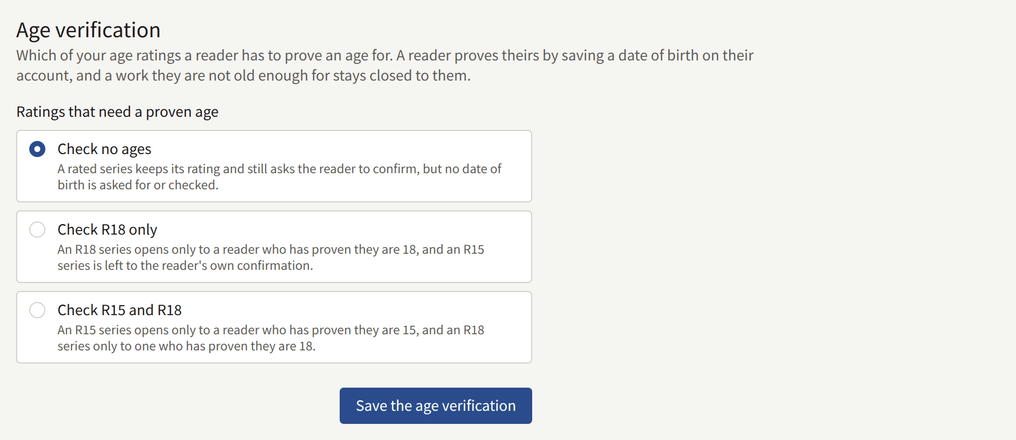 The Age verification card: Ratings that need a proven age and Save the age verification.