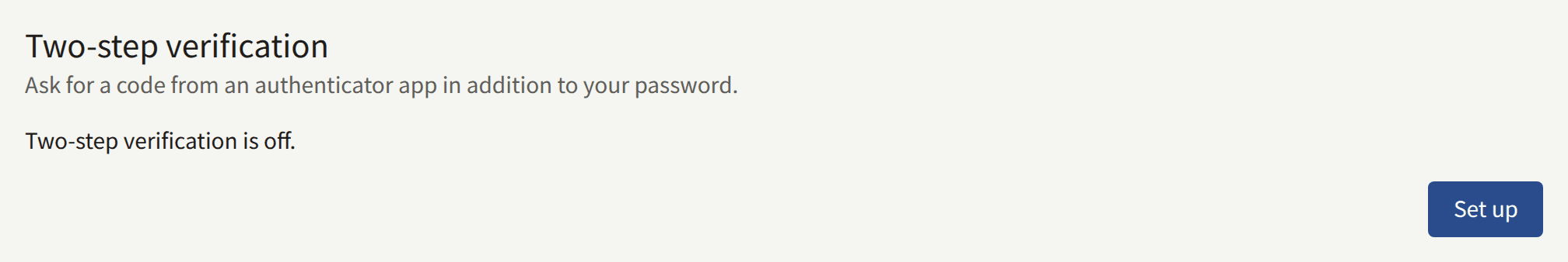 Two-step verification on Account settings while it is off: the status and Set up.