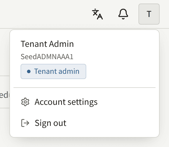 The account menu opened from the top of the console: the member's name, public ID, and role, then Account settings and Sign out.