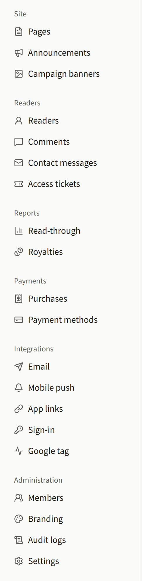 The sidebar from the Site group down: Pages, Announcements, and Campaign banners, the Readers, Reports, Payments, and Integrations groups, and the Administration group with Members, Branding, Audit logs, and Settings.