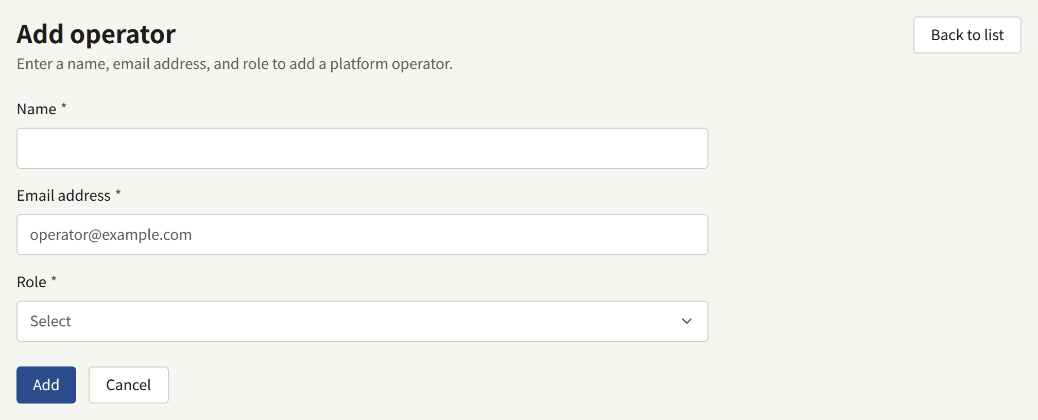 The Add operator form: Name, Email address, Role, and Add.