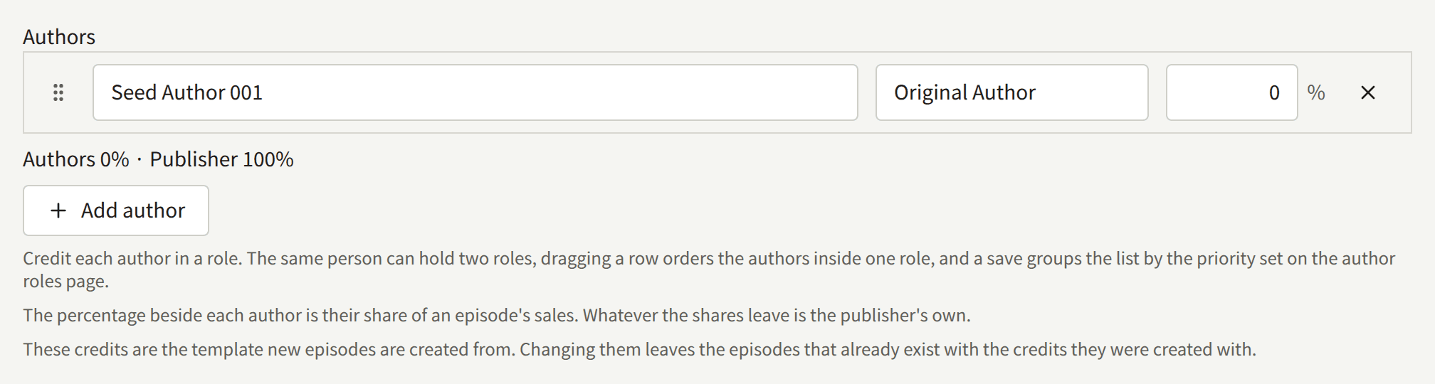 The Authors field of a series form: a credit naming an Author, a role, and a share, Add author, and the notes on how credits are ordered and what the shares are.