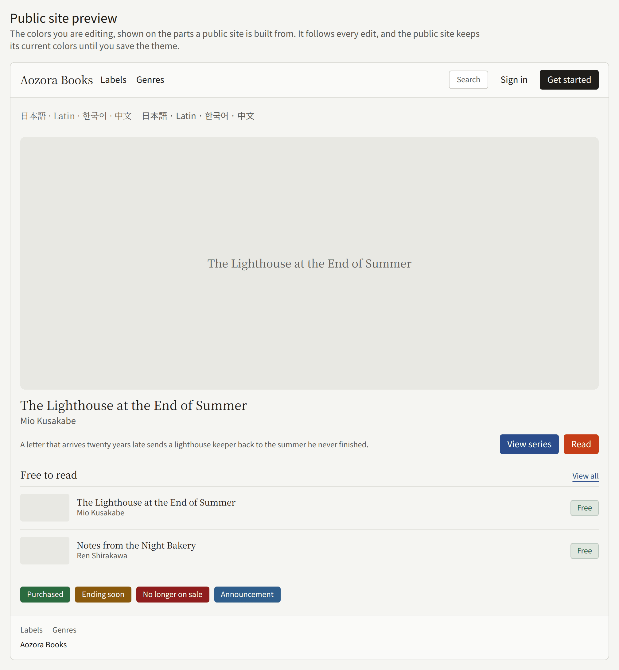 The Preview tab: a header, a featured series, a list of episodes, badges, a footer, and a line of Japanese, Latin, Korean, and Chinese text in both stacks.