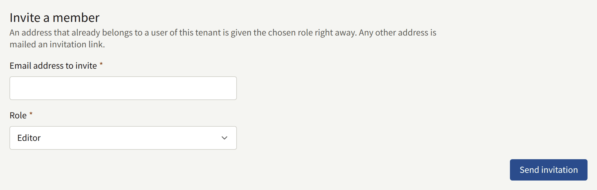 The Invite a member section: Email address to invite, Role set to Editor, and Send invitation.