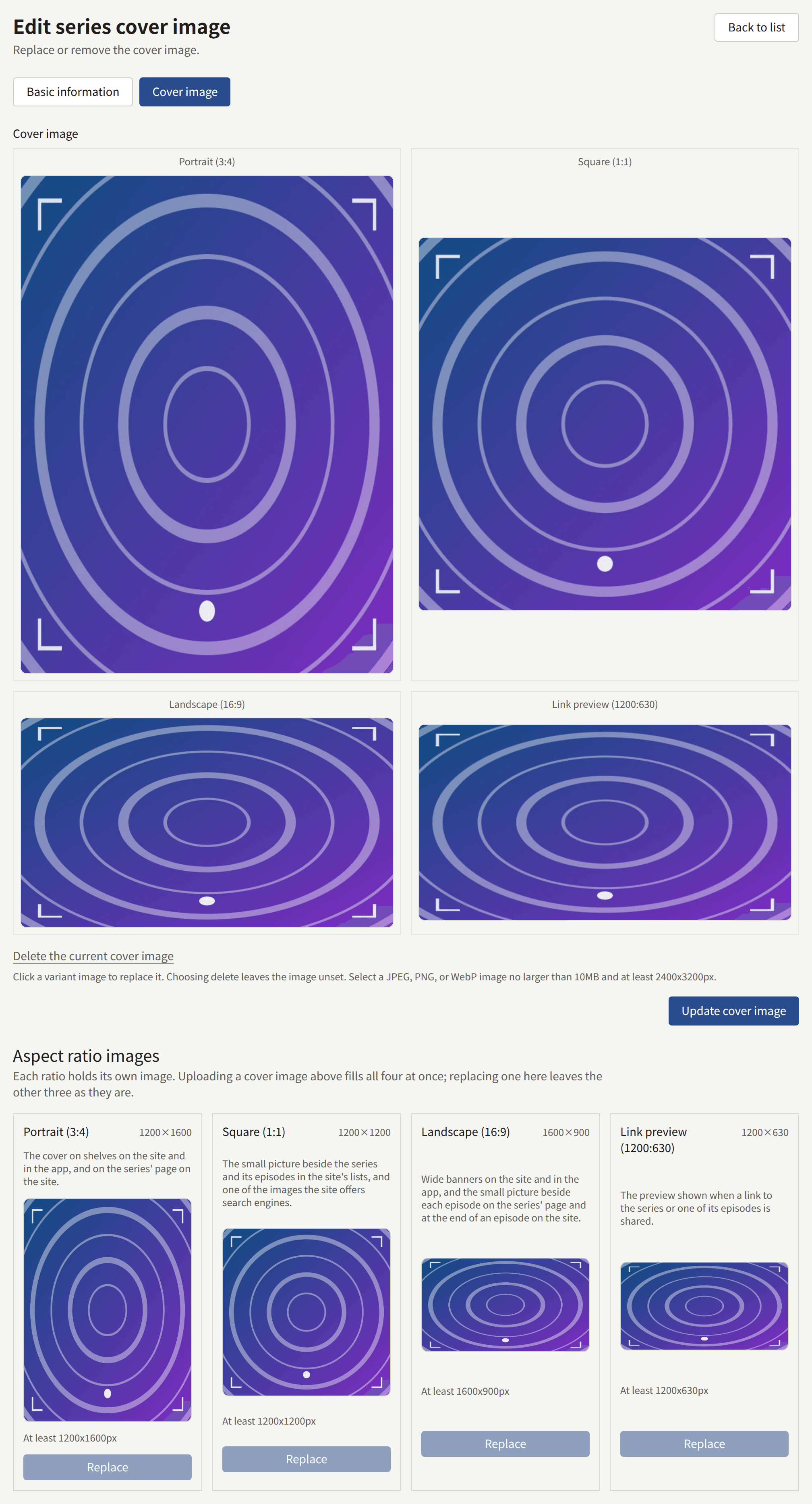 A series' Cover image tab: the cover cut into its portrait, square, landscape, and link preview shapes, Delete the current cover image and Update cover image under them, and Aspect ratio images, where each shape's slot gives its size, where it is used, and Replace.