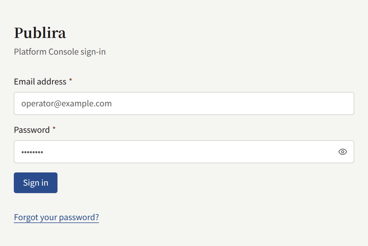 The Platform Console's sign-in screen: Email address, Password, Sign in, and Forgot your password?
