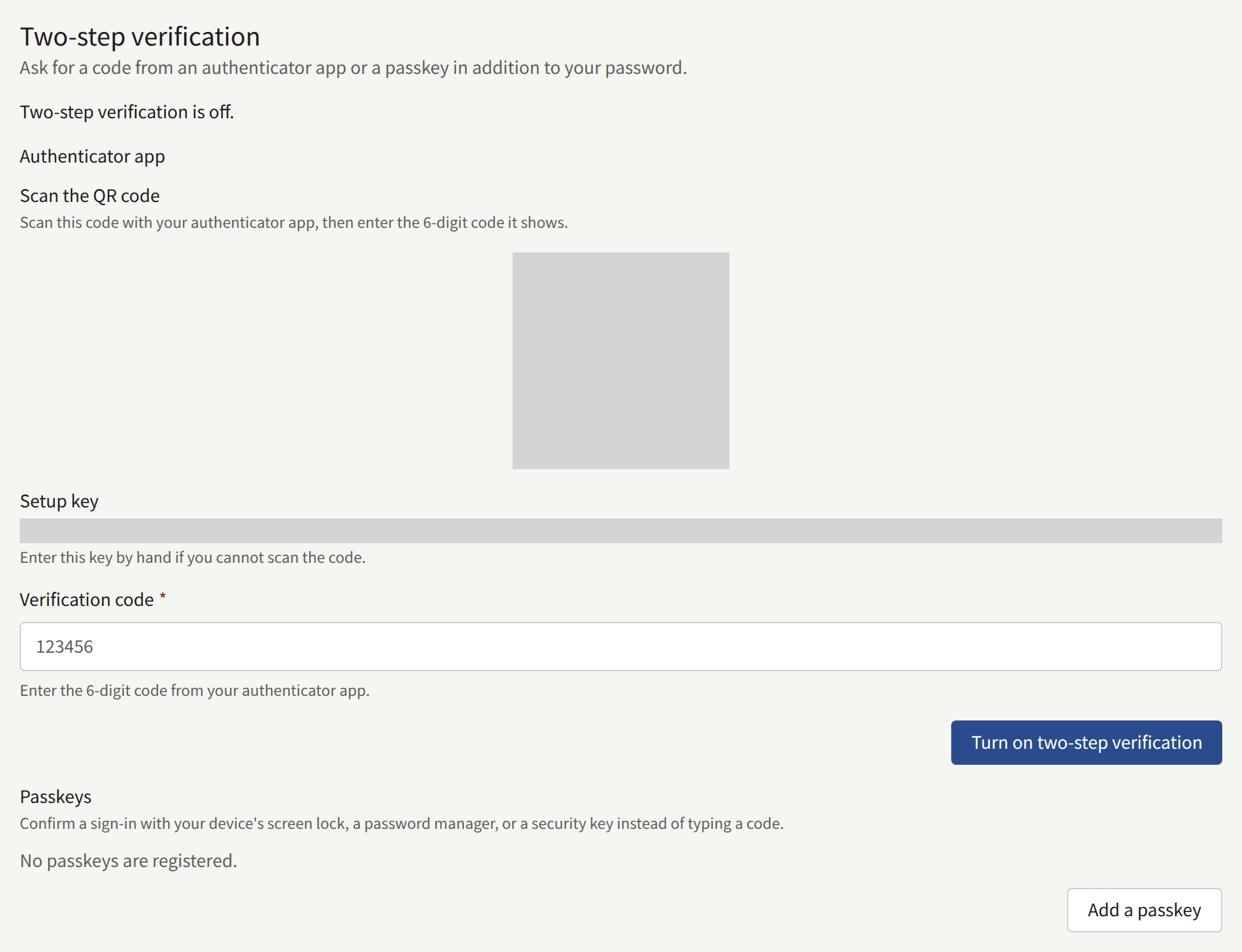 Setting up two-step verification: the QR code to scan and the Setup key beside it, both covered over in this picture, the Verification code field, and Turn on two-step verification.