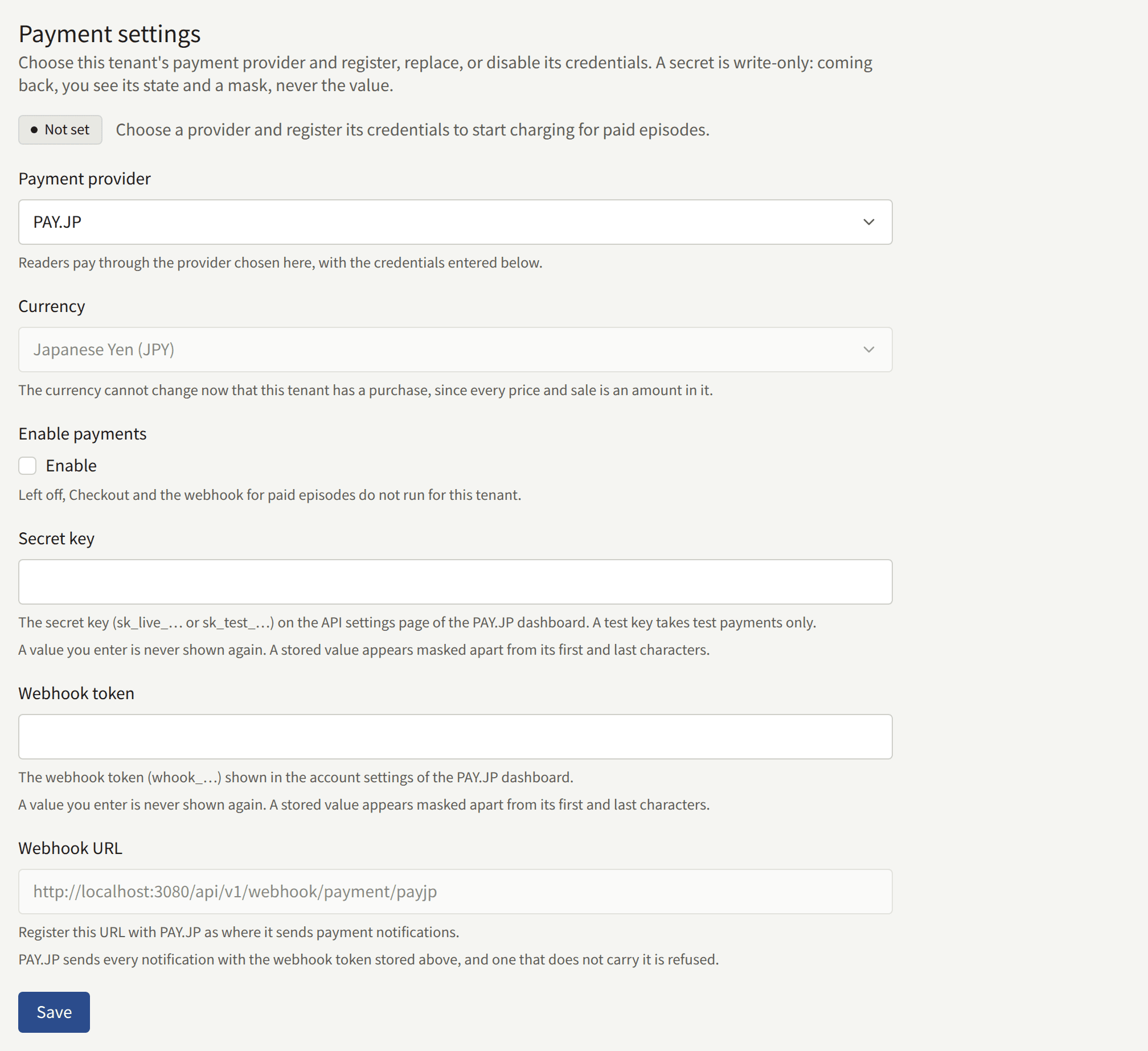 Payment settings with PAY.JP chosen and nothing saved yet: the Not set status, Payment provider, Enable payments, Secret key, Webhook token, the Webhook URL to register with PAY.JP, and Save.