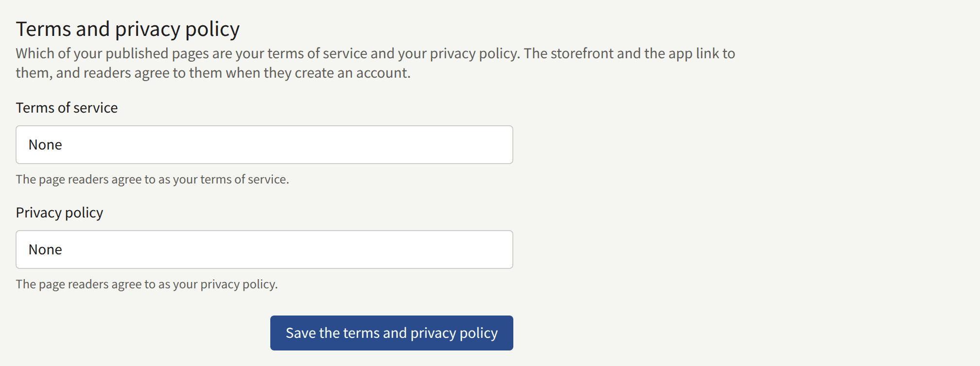 The Terms and privacy policy card: a Terms of service and a Privacy policy field, each naming one of the tenant's pages, and Save the terms and privacy policy.