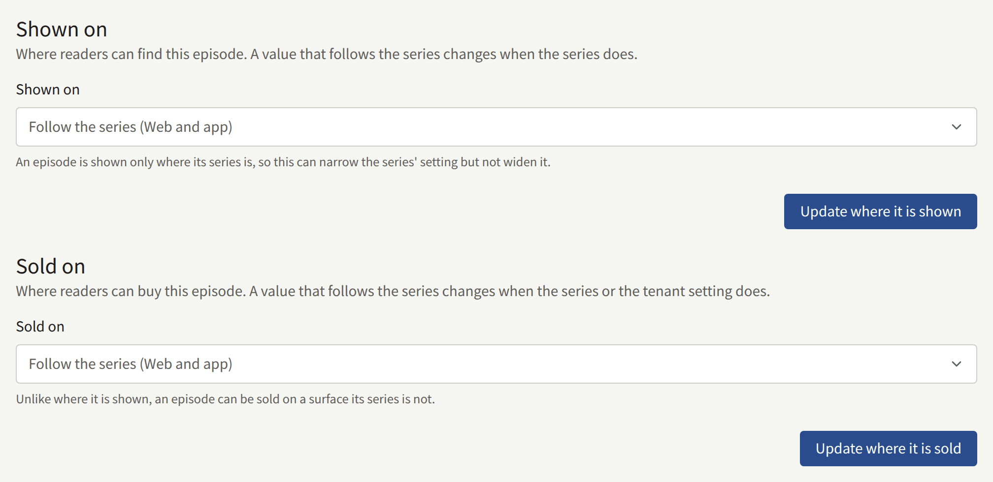 The Shown on and Sold on sections of an episode, each following the series, with Update where it is shown and Update where it is sold.