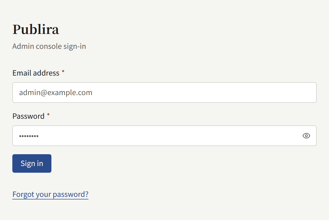 The console's sign-in screen: the Email address and Password fields, the Sign in button, and the Forgot your password? link below it.