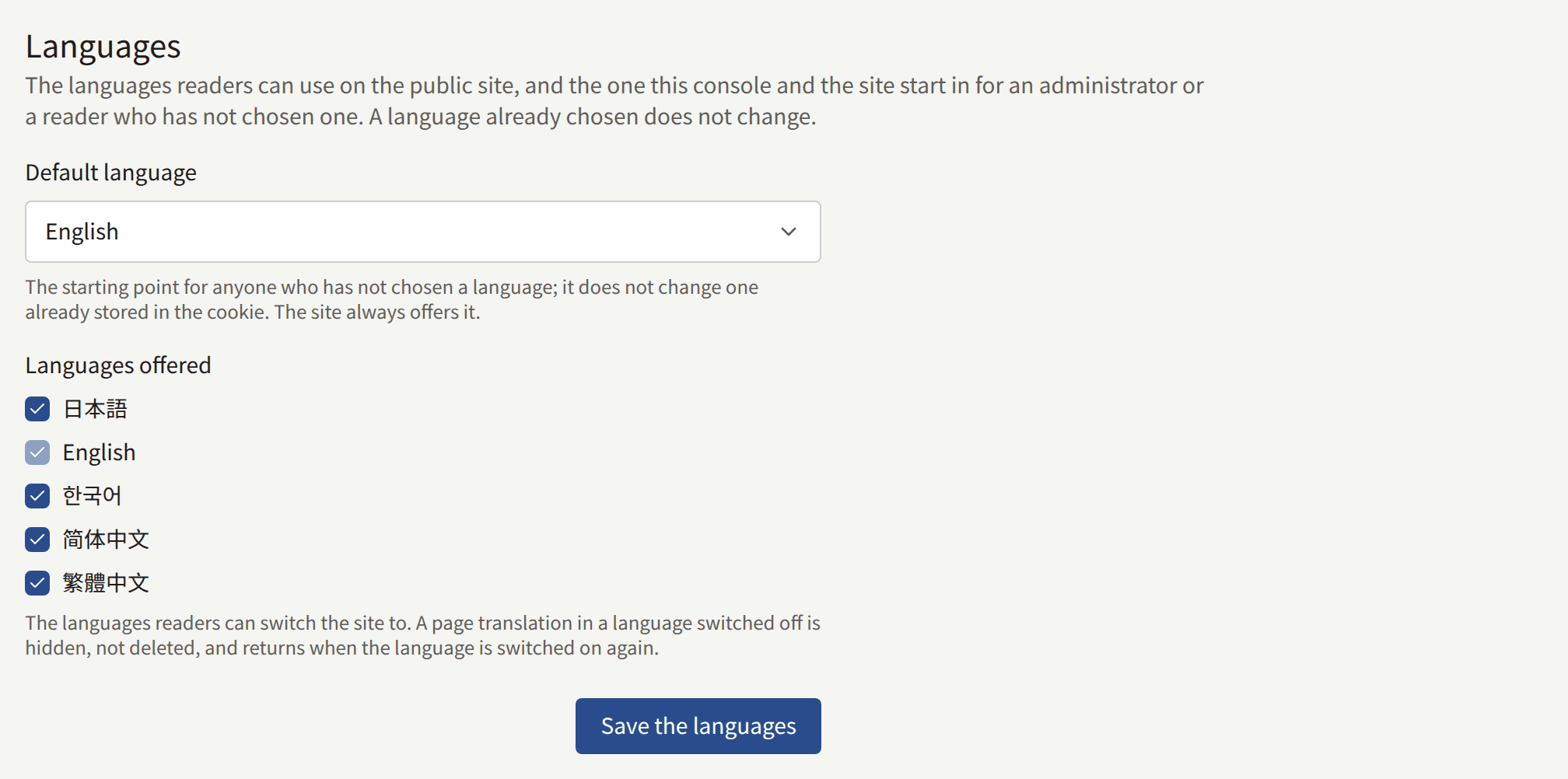 The Languages card: the Default language field, a box for each language under Languages offered with the default's ticked and turned off, and Save the languages.