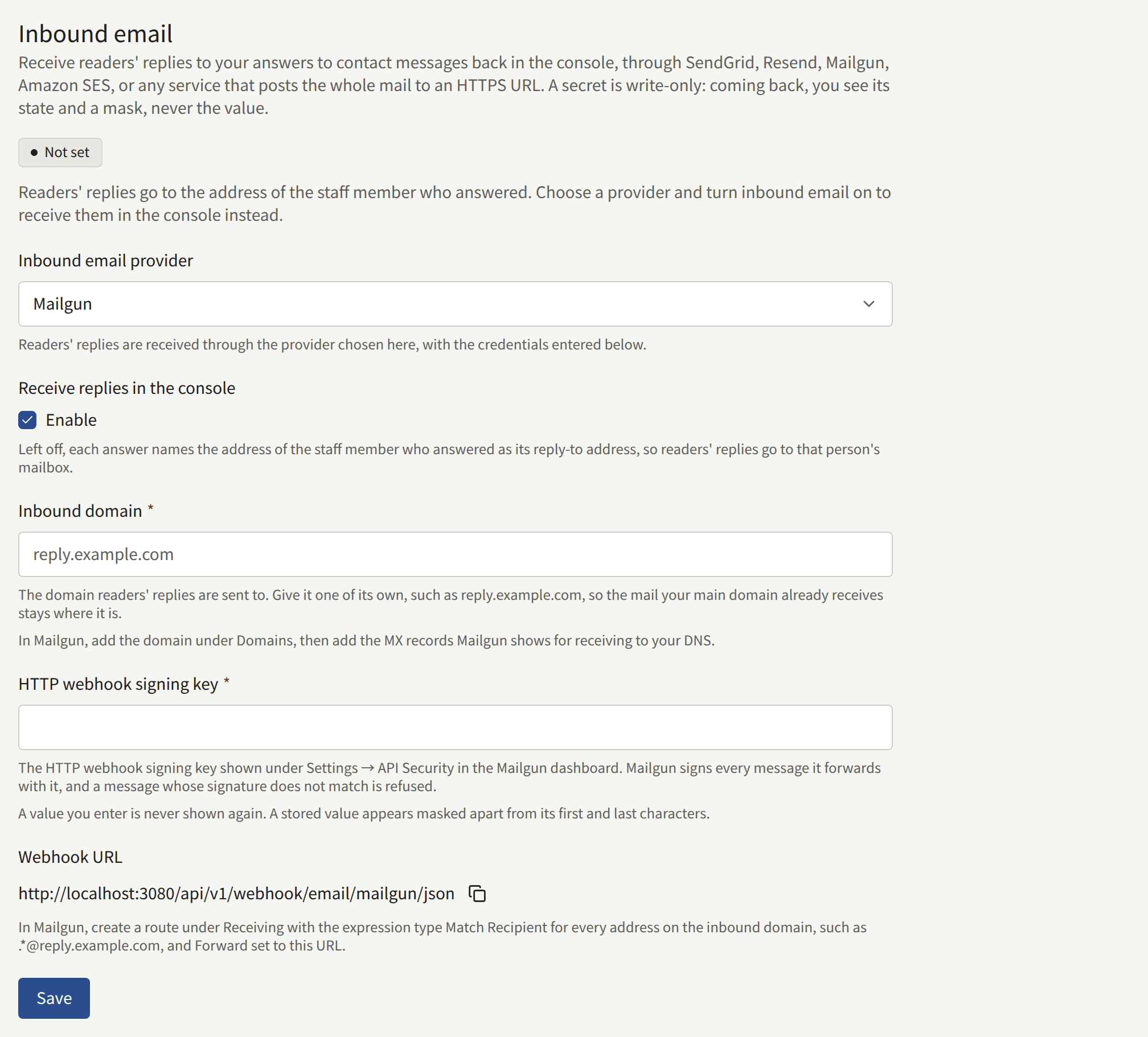 The Inbound email section with Enable ticked: Inbound email provider, Inbound domain, the provider's credentials, the Webhook URL with a button to copy it, and Save.