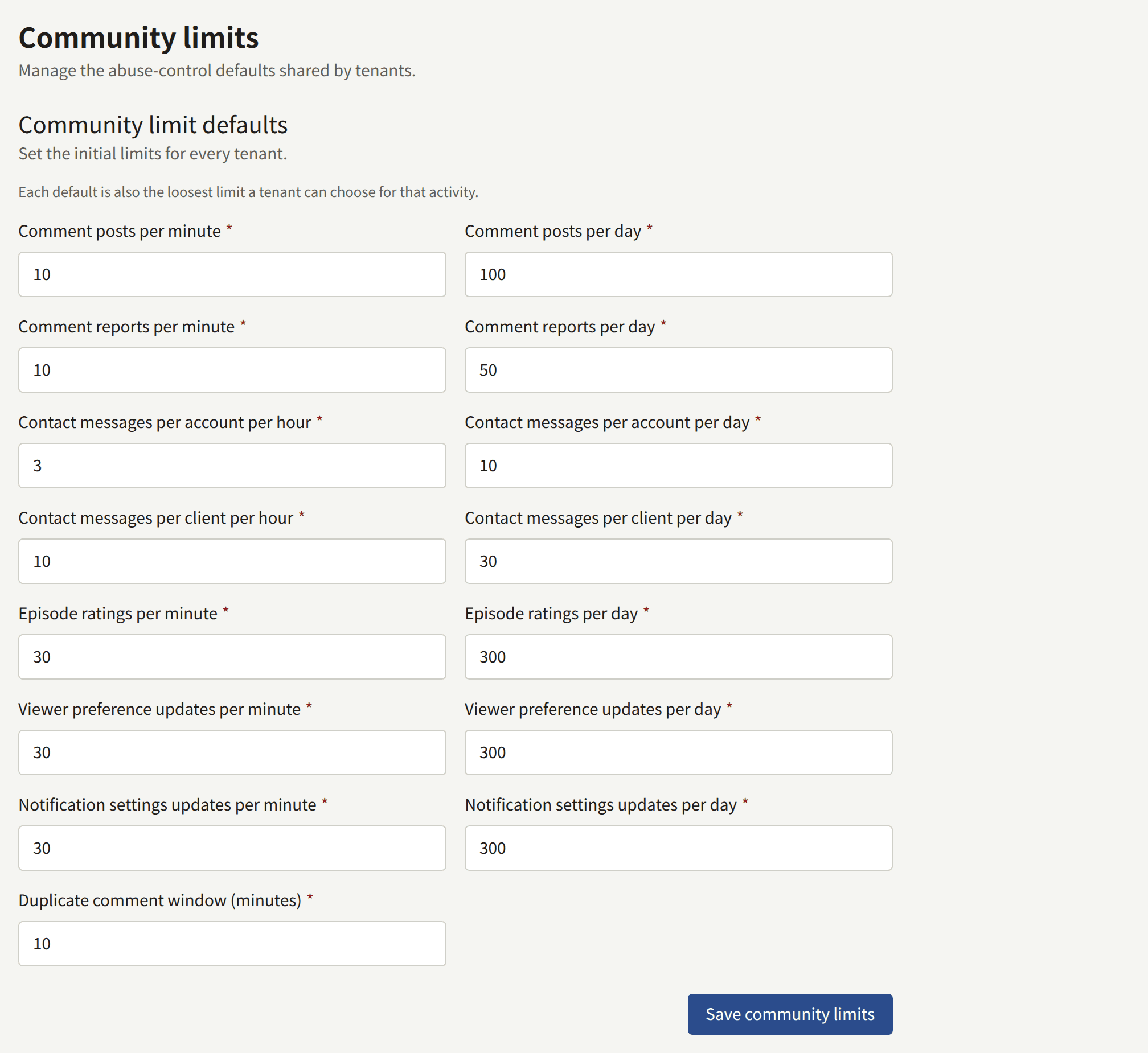 Community limits: comment posts, comment reports, contact messages per account and per client, episode ratings, viewer preference updates, and notification settings updates, each per minute or per hour and per day, Duplicate comment window (minutes), and Save community limits.