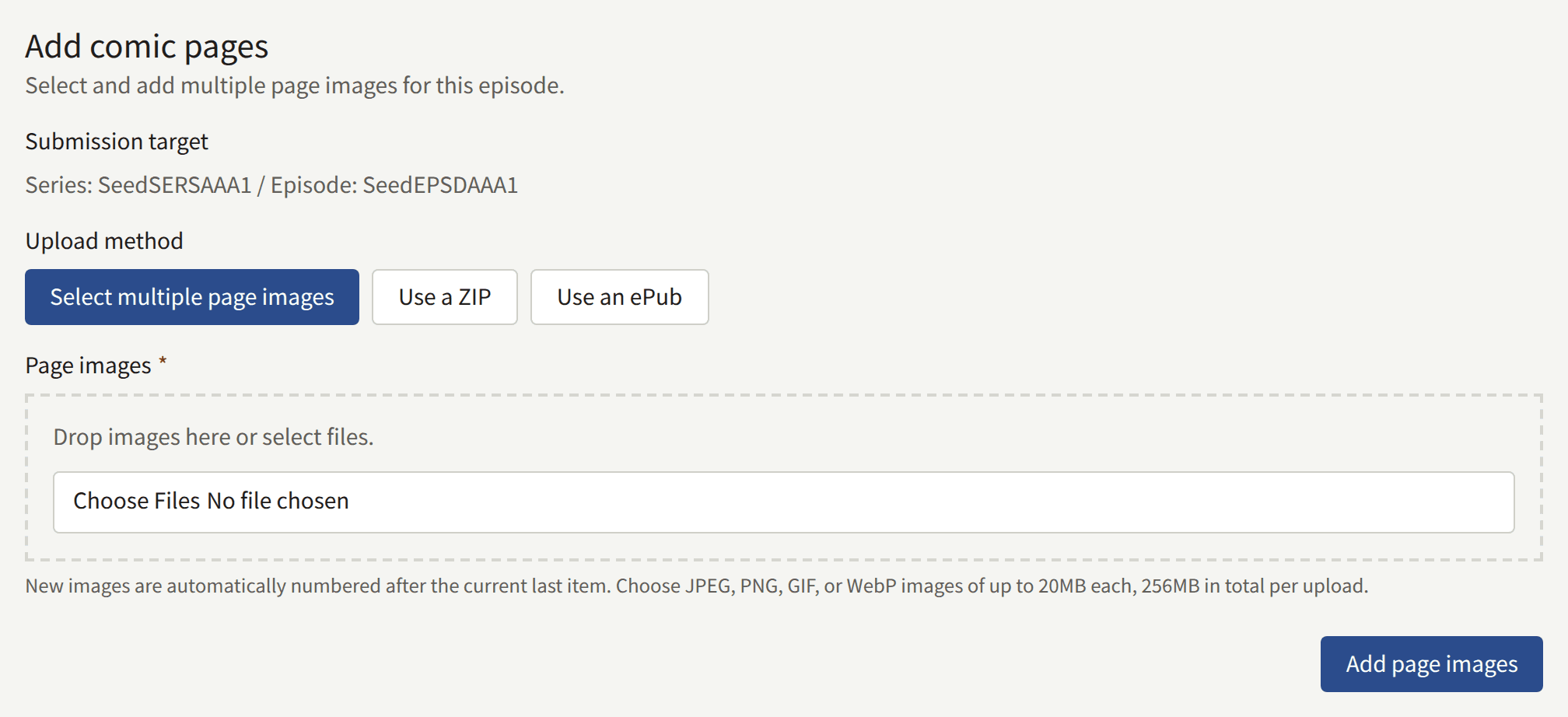 The Add comic pages section: the series and episode the pages go to, the Upload method buttons, the Page images picker with its formats and limits, and Add page images.
