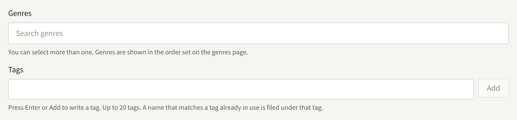 The Genres field, searched for the tenant's genres, and the Tags field with its Add button.