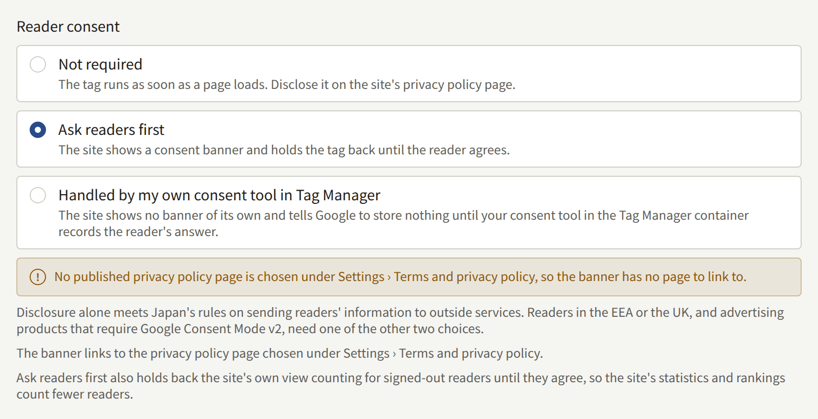 Reader consent with Ask readers first chosen, the warning that no published privacy policy page is chosen, and the guidance below the choices.
