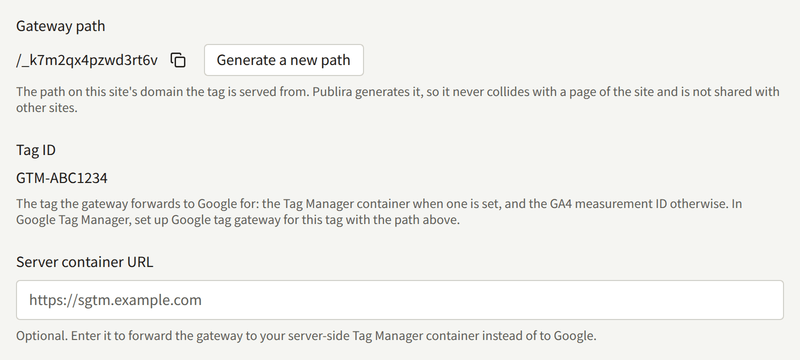 The Google tag gateway mode once saved: the Gateway path with a button to copy it and Generate a new path, the Tag ID, and the optional Server container URL.