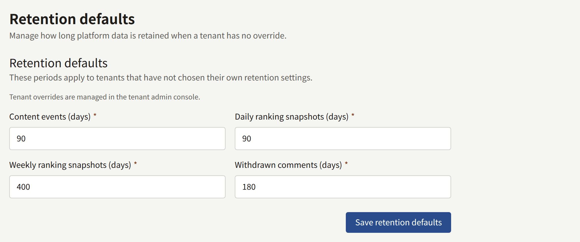 Retention defaults: Withdrawn comments, Content events, Daily ranking snapshots, and Weekly ranking snapshots, in days, and Save retention defaults.