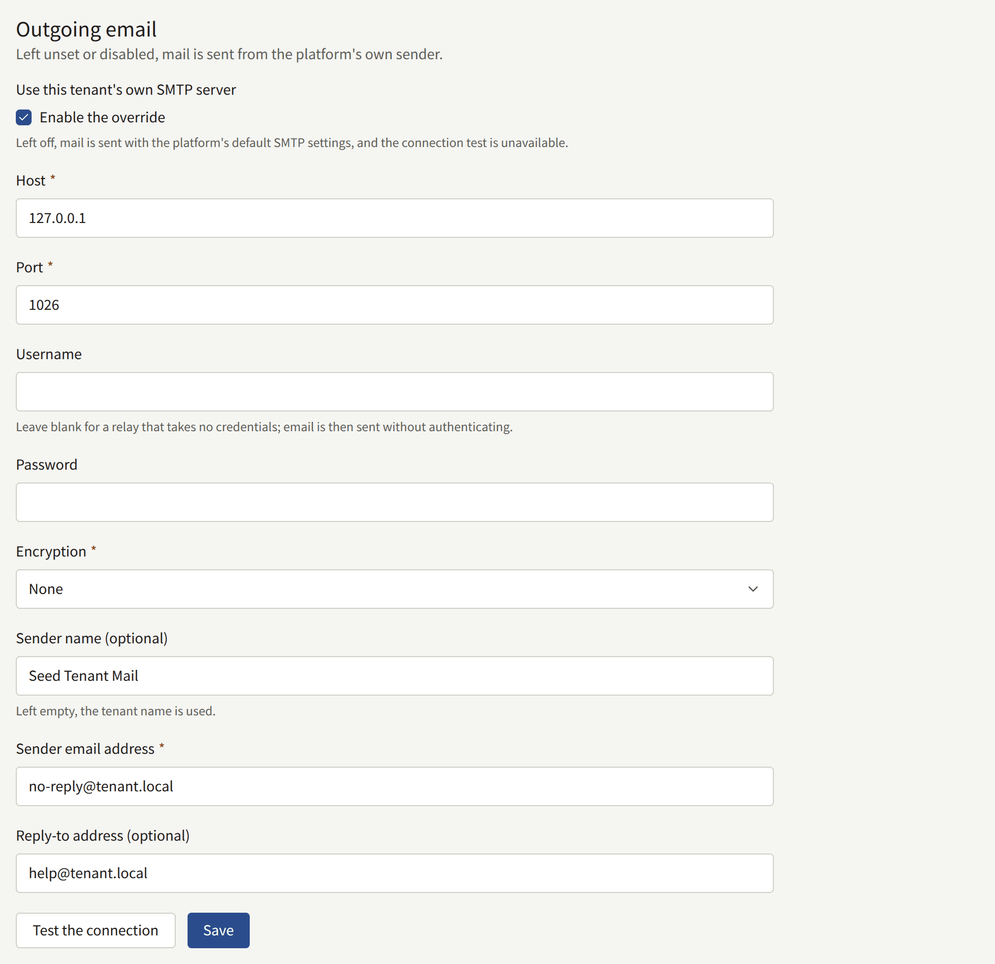 The Outgoing email section with Enable the override ticked: Host, Port, Username, Password, Encryption, Sender name, Sender email address, Reply-to address, Test the connection, and Save.