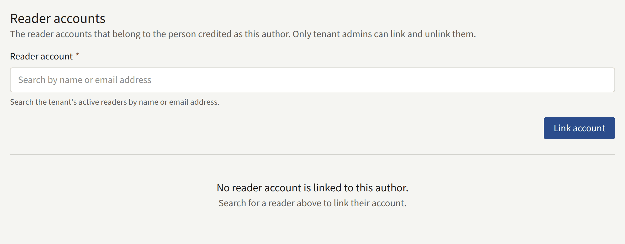The Reader accounts section of an Author's page: the Reader account search, Link account, and the note that no reader account is linked yet.