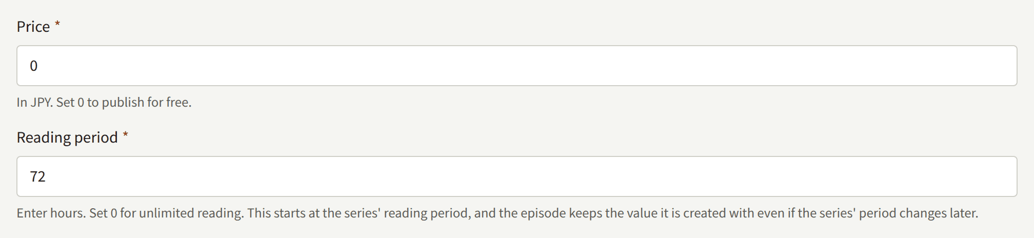 The Price and Reading period fields of the Create episode form.