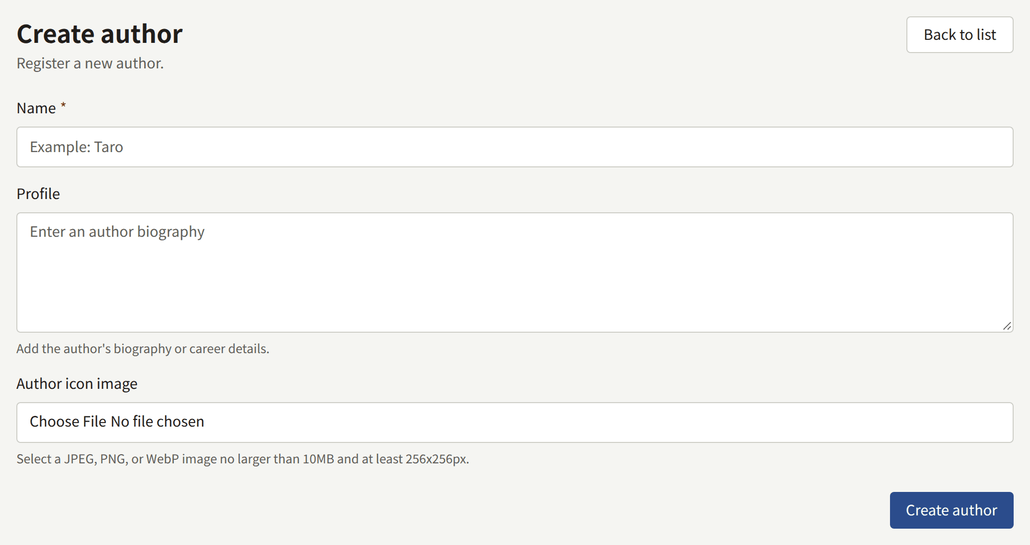 The Create author form: Name, Profile, the optional Author icon image, and Create author.