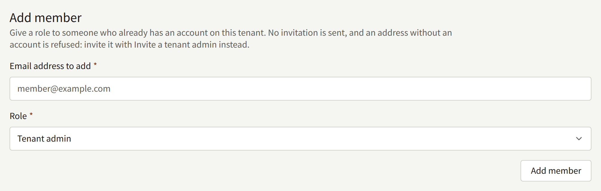 Add member: Email address to add, Role, and Add member.