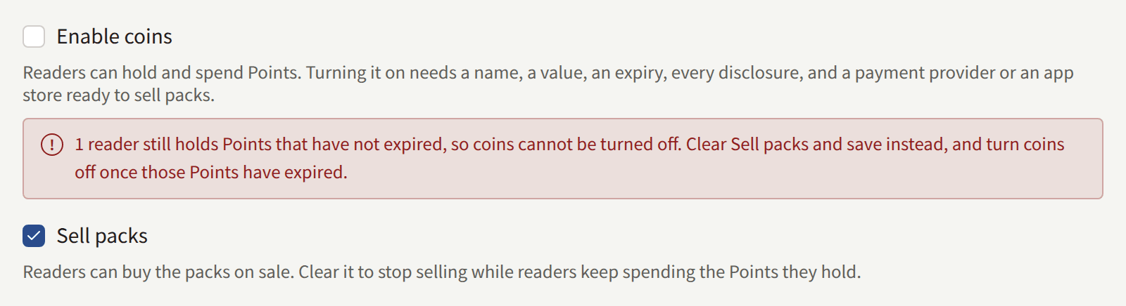 Enable coins cleared and refused: the message under it says how many readers still hold Points that have not expired, and to clear Sell packs instead.
