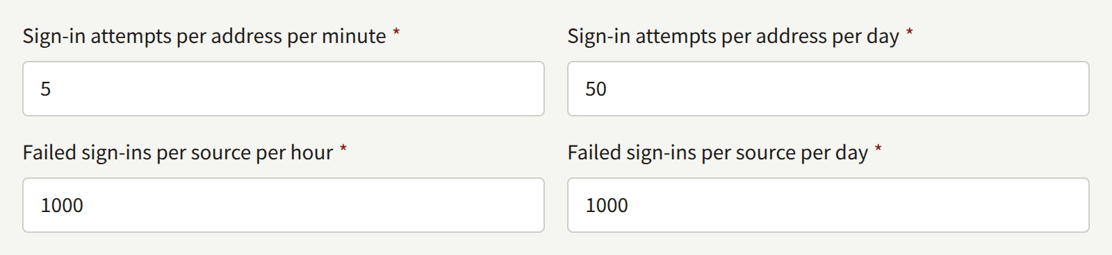 The sign-in attempt limits on Security: sign-in attempts per address per minute and per day, and failed sign-ins per source per hour and per day.