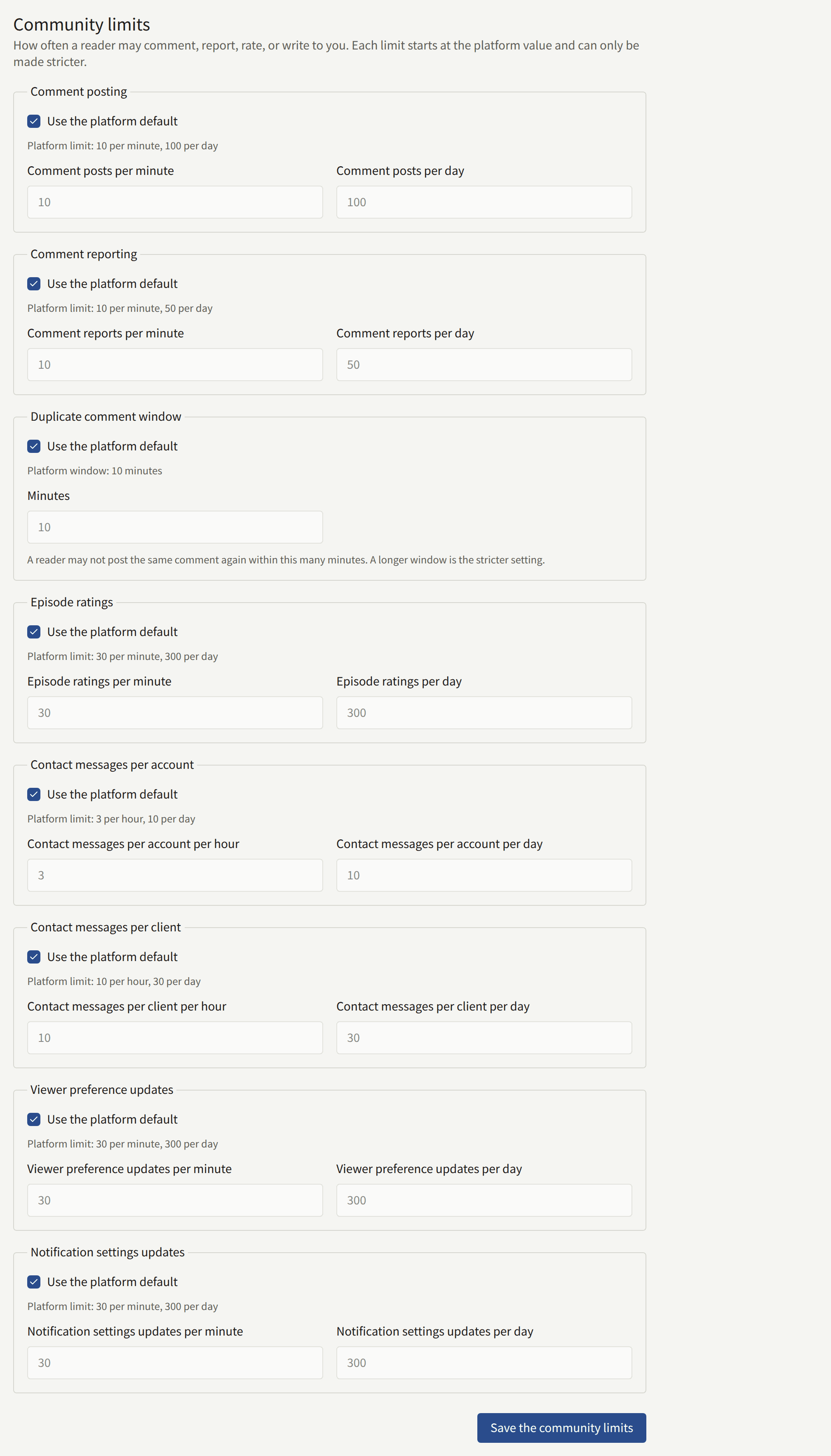 The Community limits form: each limit with Use the platform default ticked and the platform's limit under it, and Save the community limits.