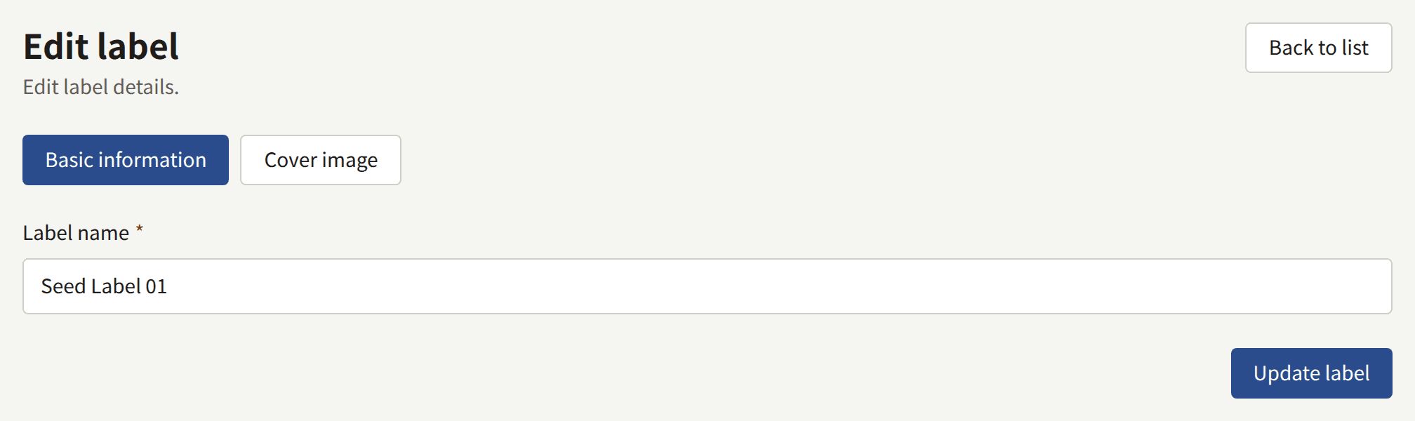 A label's page: the Basic information and Cover image tabs, the Label name field, and Update label.