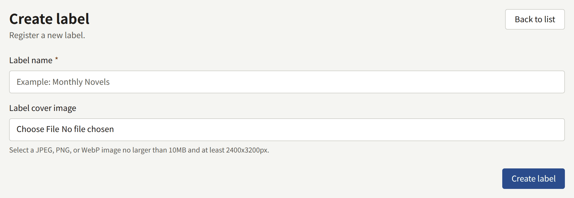 The Create label form: Label name, the optional cover image, and Create label.