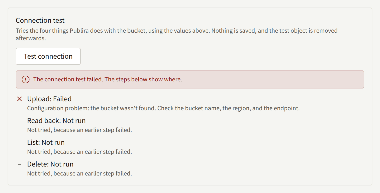 A connection test that failed: Upload failed because the bucket wasn't found, and Read back, List, and Delete were not run.